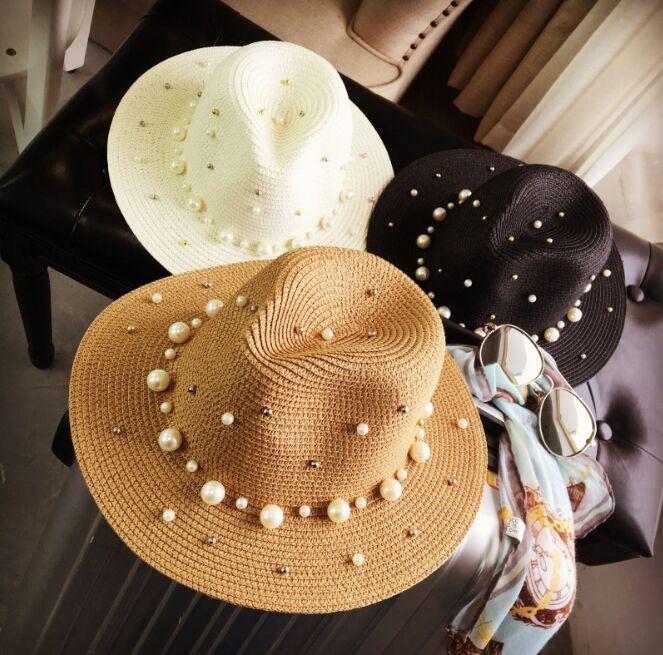 

Wide Brim Hats DOUYUB002 Elegant Summer Women's Casual Straw Hat Ladies British Sun Visor Caps With Rhinestone Beads For Holidays, White