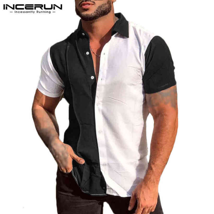 

Incerun Men Patchwork Overshirt Turn Down collar Short Mouw Casual Tops Button Streetwear Breathing Leisure Camisa Masculina, Black