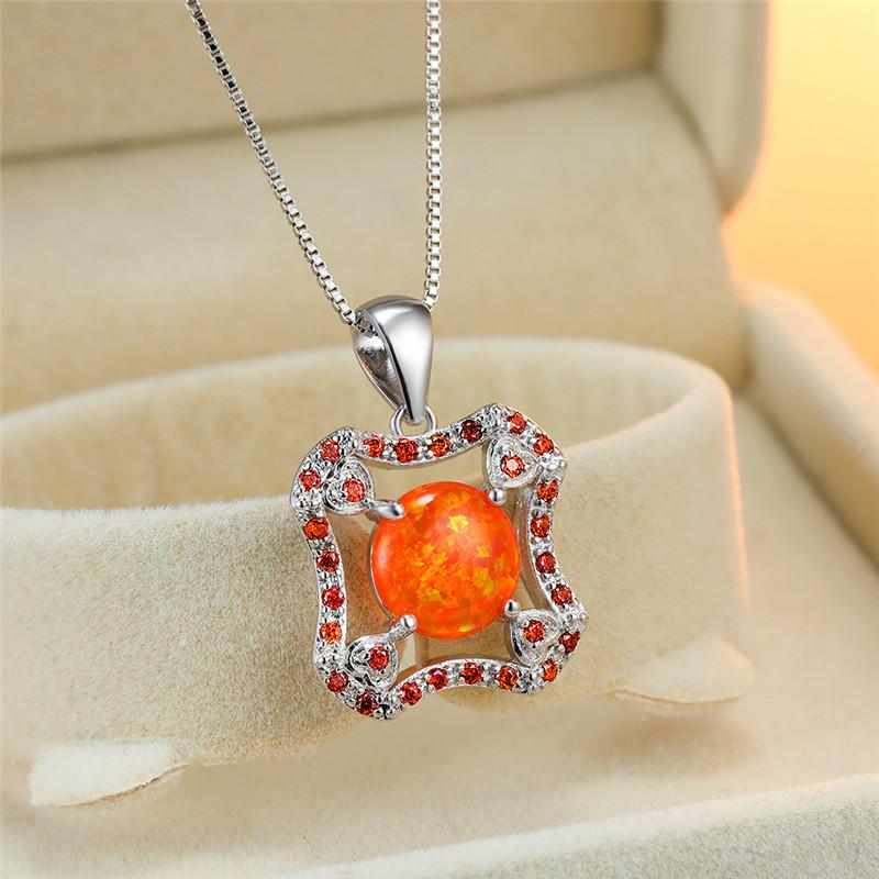

Vintage Female Orange Opal Pendant Necklace Cute Zircon Chain Necklaces For Women Charm Geometric Hollow Wedding Necklace