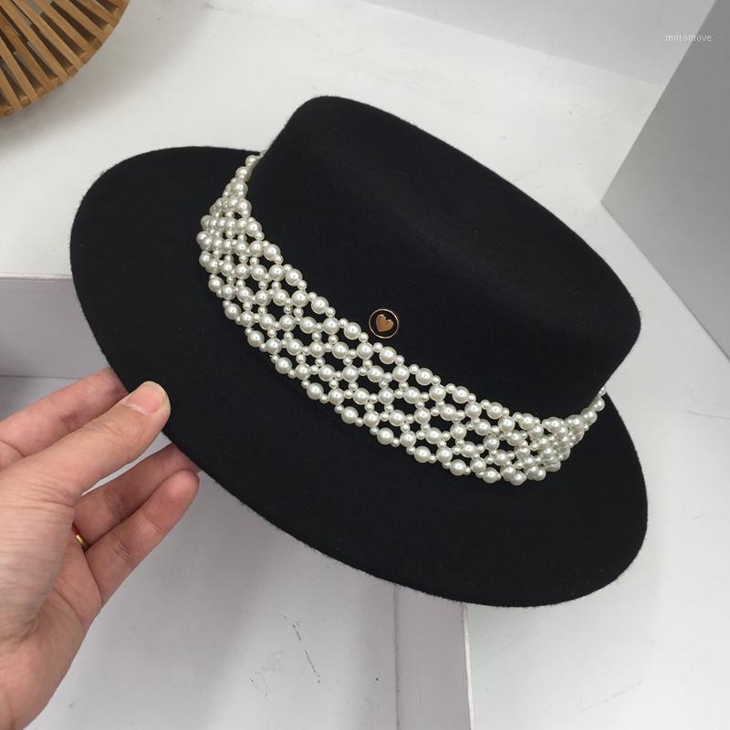 

Fedora panama Small sweet wind flat-topped hat which female celebrity fashion about joker wool hat tide pearl elegant fedoras1, Black