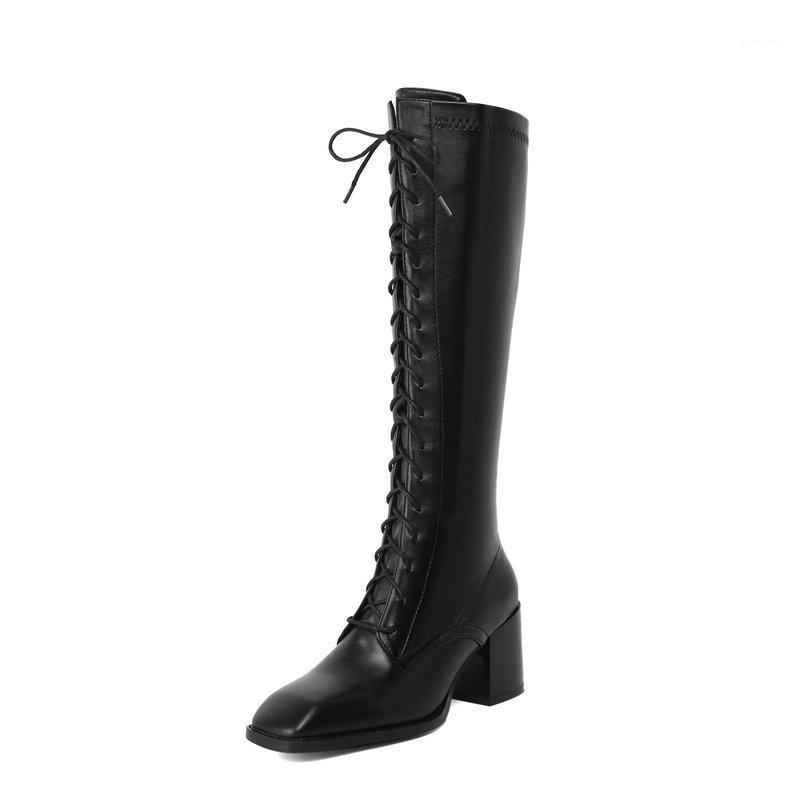 

2020 lace up Knee High Boots For Women Genuine Leather Autumn Winter Thick high Heels Shoes Woman Night Club Slim Long Shoes1, Black