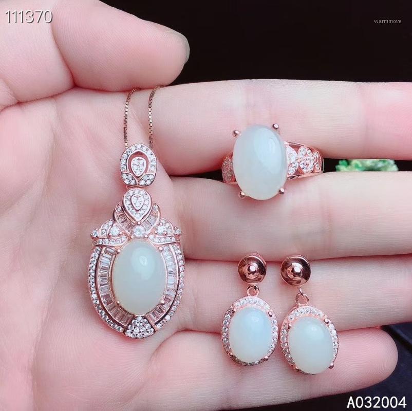 

KJJEAXCMY Fine Jewelry 925 sterling silver inlaid natural white jade ring pendant earring set supports test1, As pic