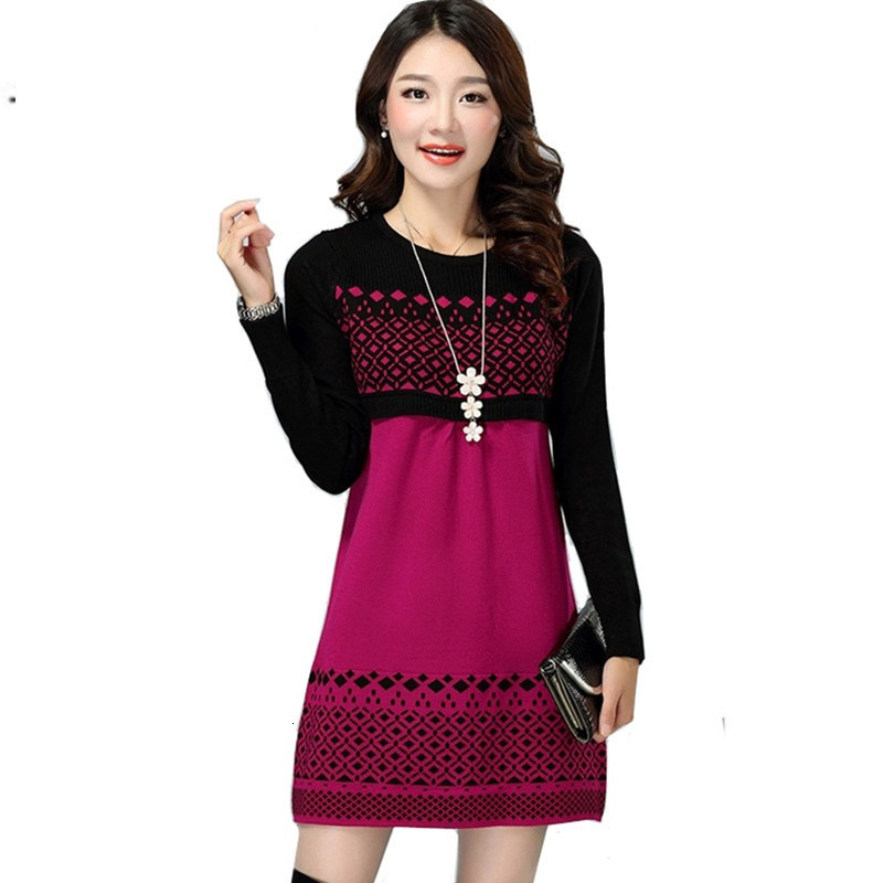 

Female Winter Autumn Around the Neck Knitted or Crocheted in Thin Sleeves Sweater Dressed As Ladies Clothes Dress More Size Tva4, Red rose