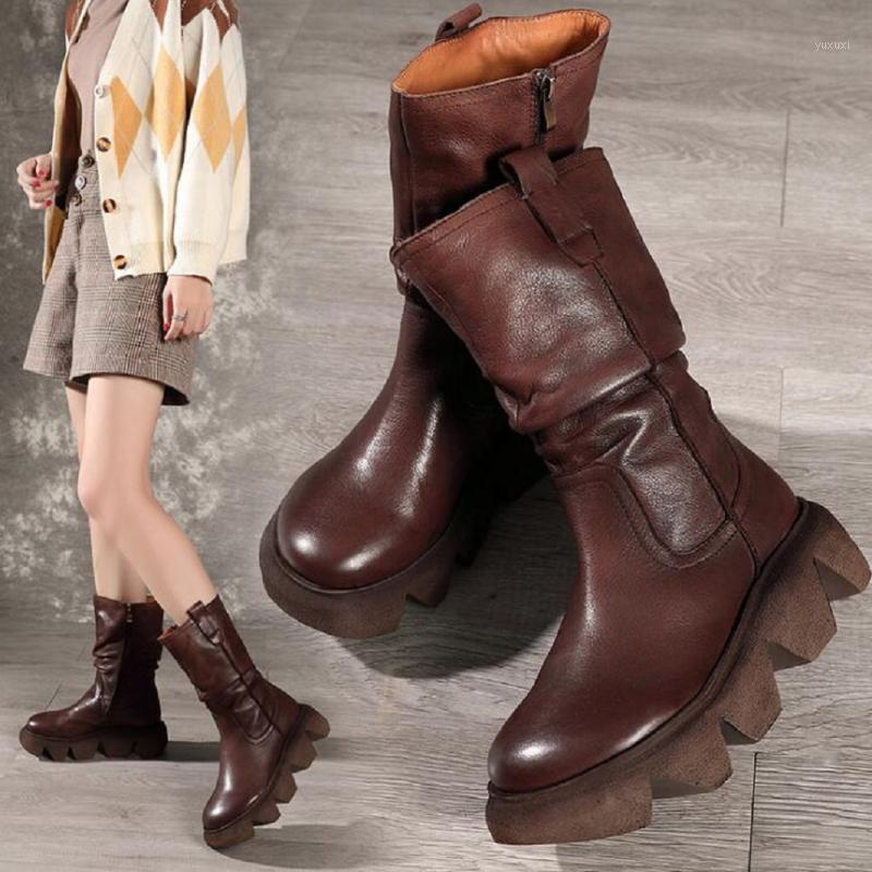 

Spring Autumn Retro Full Grain Leather Women Half Equestrian Boots Winter Plush Ladies Mid-Calf Motorcycle Botas 202011061, Winter black