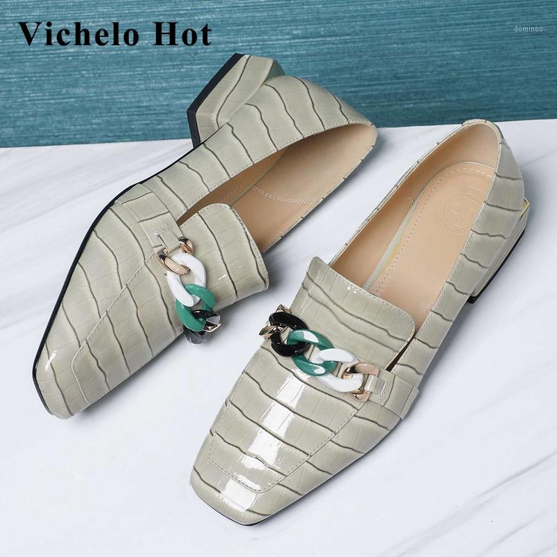 

Vichelo Hot new chain decoration French romantic vintage brand shoes square toe med heel young lady daily wear women pumps L3f11, Black