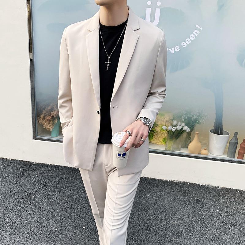 

2021 Spring neKorean Style Loose Two Piece Suit Business Casual Suit Streetwear Party Suits Fashion Wide Costume Homme, Beige