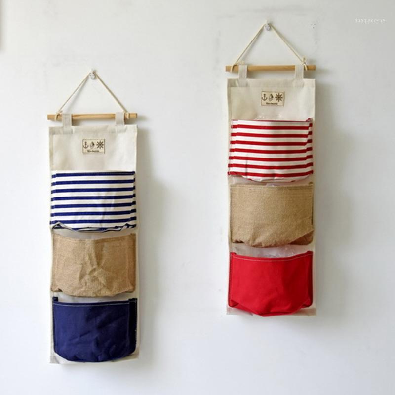 

Three pocket stitching conjoined debris storage bag cotton and linen storage wall hanging bag Home wall decoration supplies1, Red