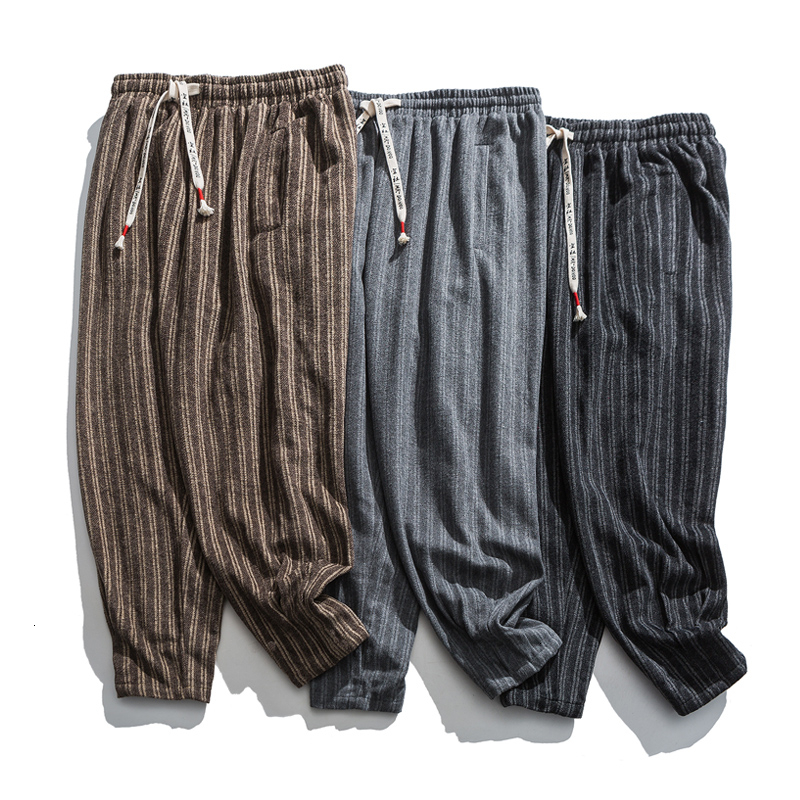 

2021 Men's Thicken Warm Woollen Winter New Chinese Style Stripes Vintage Trousers Casual Oversize Straight Pants Wdzi, Black