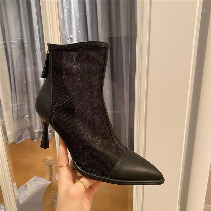 

2020 Luxury Women Breathable Air Mesh Ankle Boots 6cm Thin High Heels Sandals Boots Shoes Outdoor Gladiator Bota Feminina1, Beige