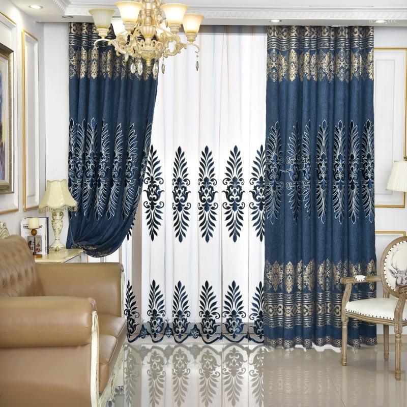 

European-Style Curtains for Living Room Bedroom Luxury Velvet Embroidered Chenille Left and Right Biparting Open1, Brown tulle