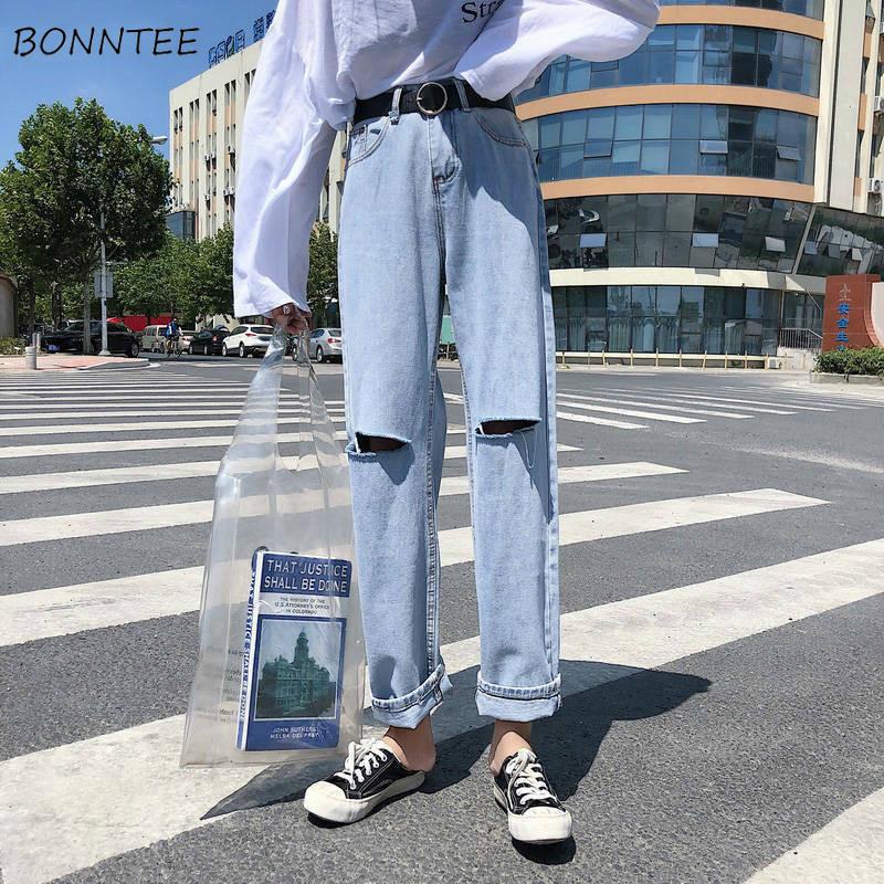 

Women Jeans Ankle-length Vintage Straight Hole Trousers Womens Leisure Streetwear Hip-hop Harajuku Outwear BF Korean Trendy Chic, Blue
