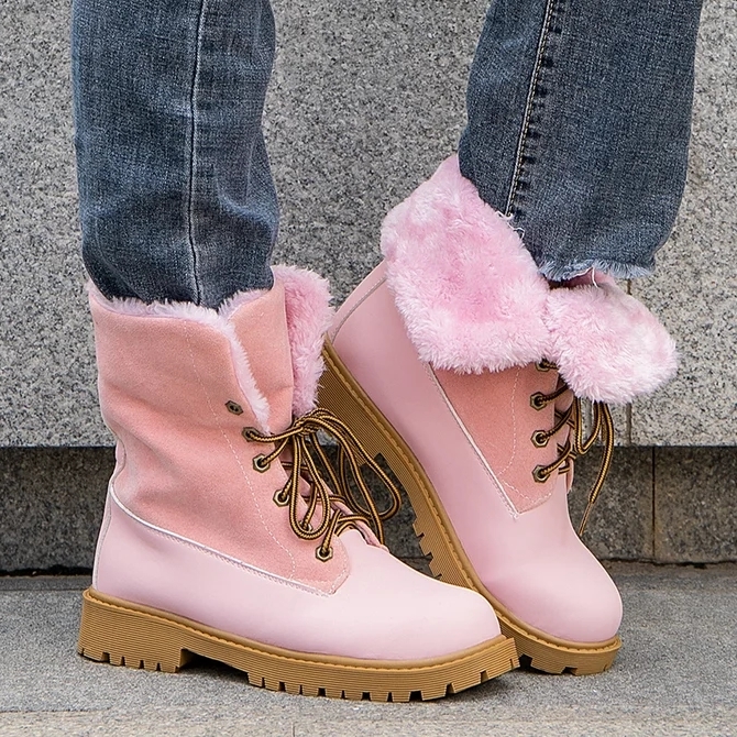 

Leather New Snow Boots Ladies Wedge Shoes Woman 2020 Warm Women's Winter Shoes Pigskin Plush Ladies Platform Booties, Pink