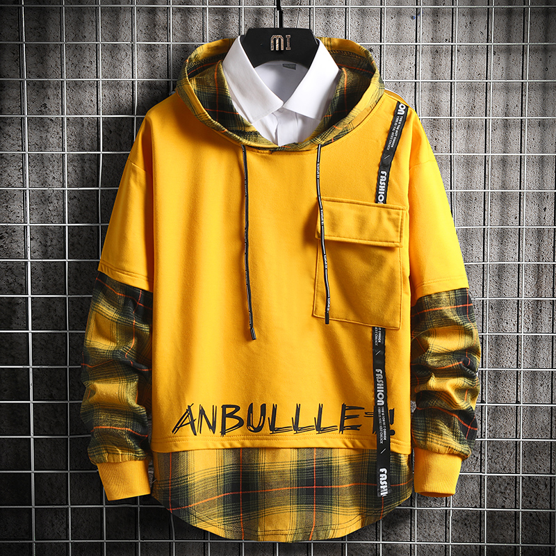 

Winter Men's Hoodie Plaid Patchwork Sweatshirt Hip Hop Japanese Streetwear Yellow Hoodie Men Sweatshirts Hoodies, Blue hoodie men