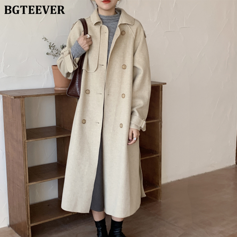 

BGTEEVER Winter Single-breasted Lace-up Woolen Coats Women Turn-down Collar Pockets Female Overcoats Vintage Blend Coat Femme, Tan;black