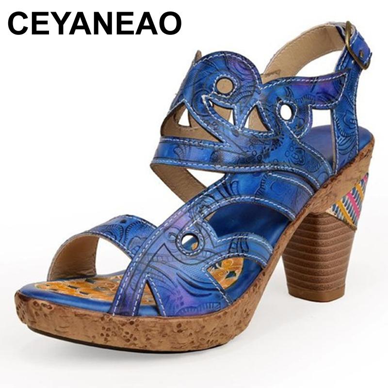 

CEYANEAO High Heels Retro Ladies Sandals Women Shoes 2021 New Spring Summer Genuine Leather Hand-painted Stitching Women Sandals, Blue