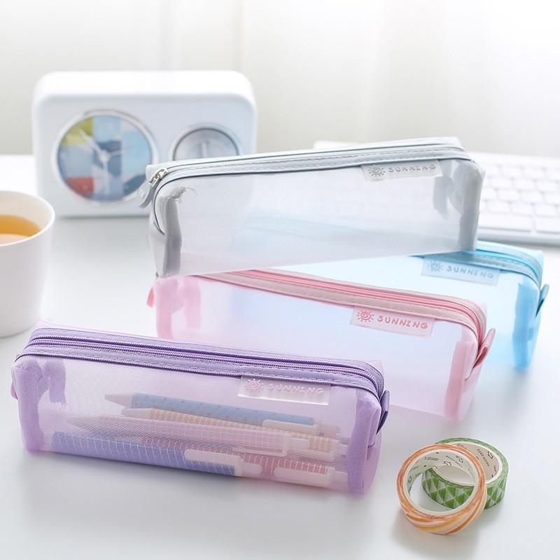 

School Mesh Pencil Cases Kawaii Cute Solid Color Transparent Pencil box School Student pen bag Supplies Lapis Stationery