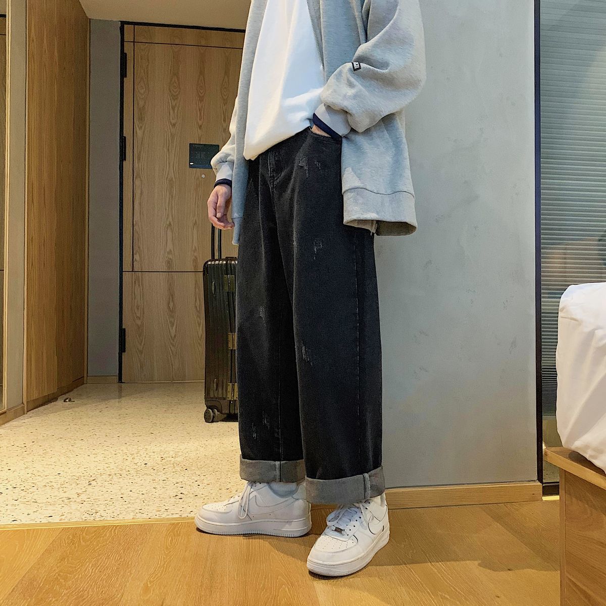 

Male Brim 2021 Autumn Thin New Straight Denim Father Pants Relaxed Youth Clothes 38ZP, Black