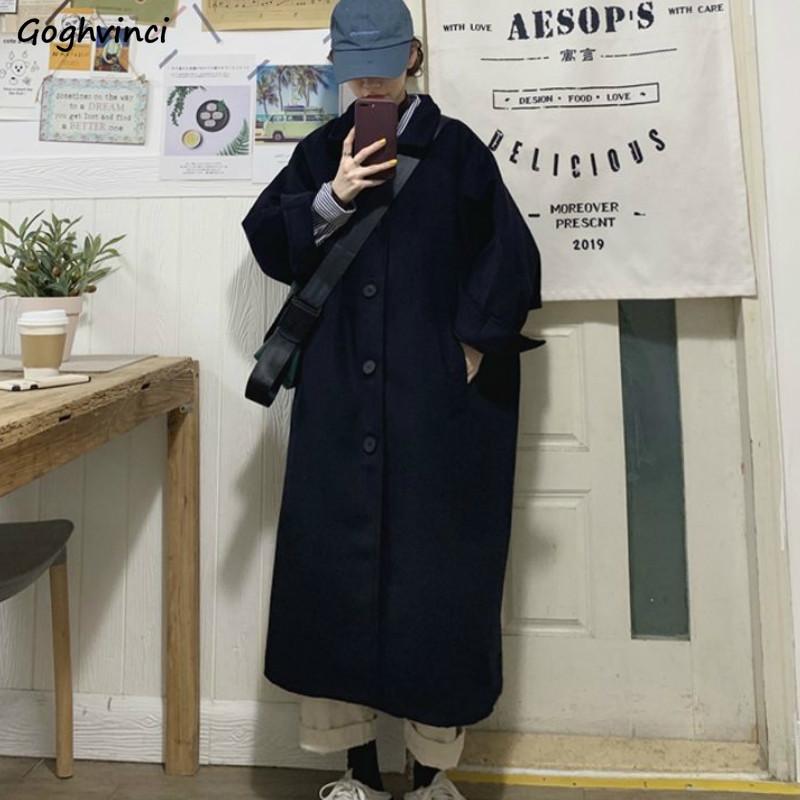 

Women Wool Blends Plus Size 3XL Loose Leisure Winter Thicker Warm Black Long Coats Simple Solid Single Breasted Street All-match, Black regular