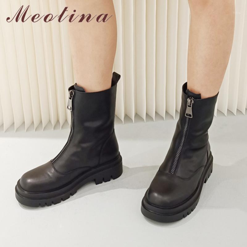 

Meotina Genuine Leather Platform Chunky Heels Mid Calf Boots Women Shoes Round Toe Zipper High Heel Ladies Boots Winter Black 401