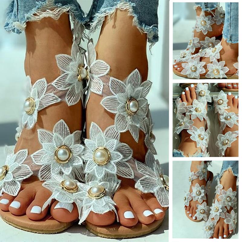 

Women Sandals Boho Style Summer Shoes For Women Flat Sandals Beach Shoes 2021 Flowers Flip Flops Chaussures Femme 6 Colors 35-44, Black
