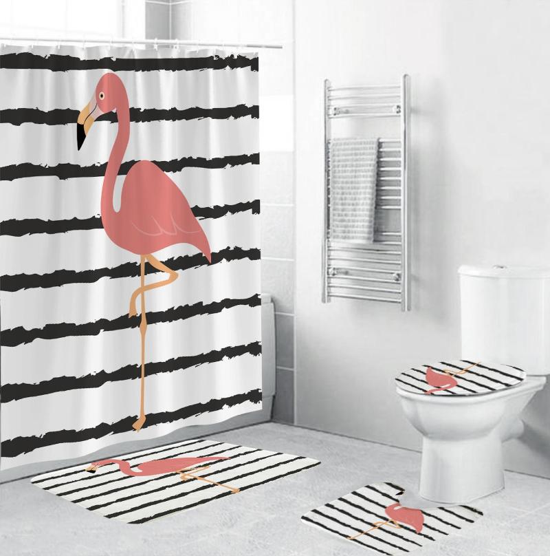 

Animals Flamingo Bathroom Waterproof Shower Curtain Set Pedestal Rug Lid Carpet Toilet Cover Set Bath Curtain Mat