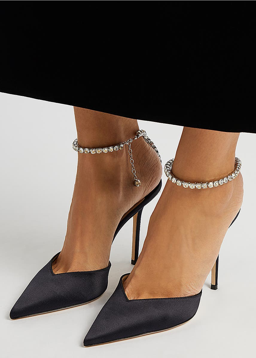 

Elegant Bridal Wedding women Sandal Dress Pump Shoes Saeda 100mm crystal-embellished satin pumps Ankle Strap Womens party high heel EU35-41