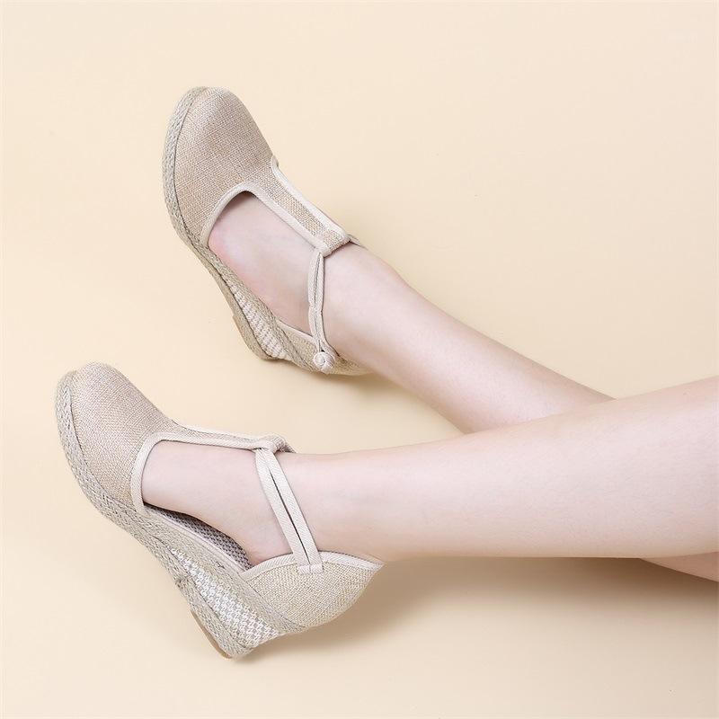 

Summer New High-heeled Sandals Old Beijing Cloth Shoes Wedge Heel Women's Shoes National Wind Fashion Sandals Female 20211, Black