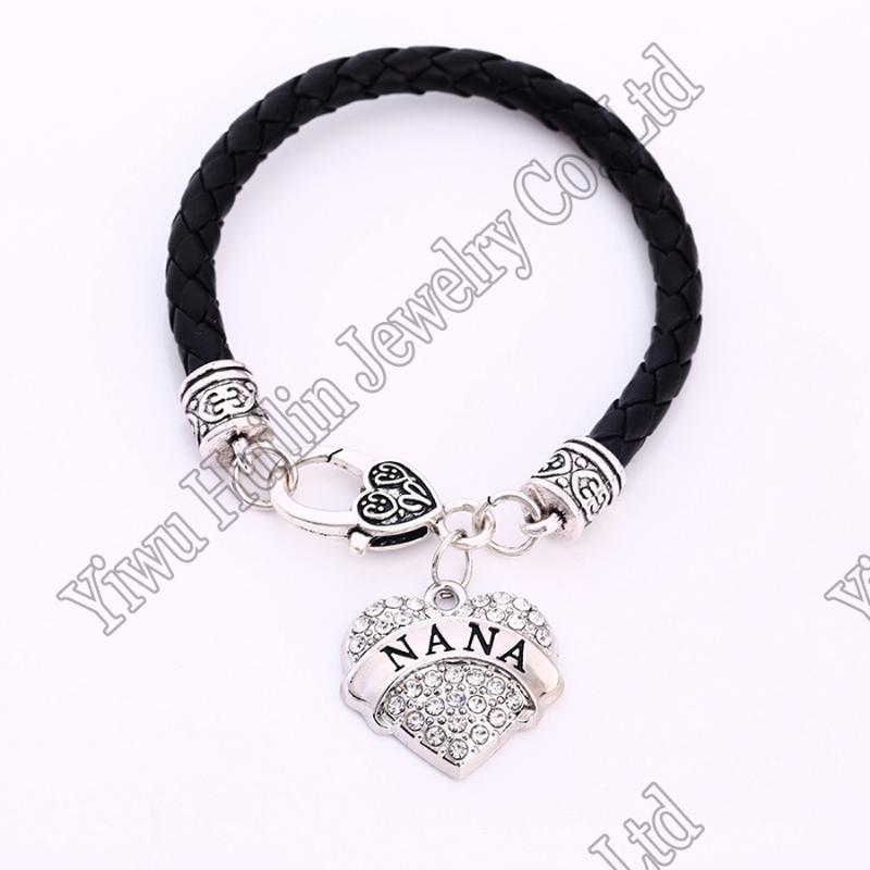 

Hot Selling rhodium plated with sparkling crystals NANA heart pendant bracelet rope chain