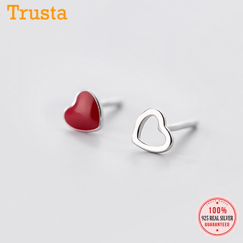 

TrustDavis 925 Sterling Silver Fashion Romantic Asymmetric Heart Charm Stud Earrings For Women Daughter Girls Fine Jewelry DS82