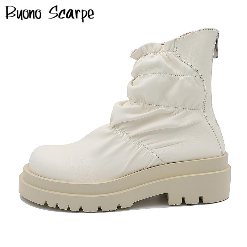 

Genuine Leather Ankle Boots Elastic Pleated Short Boots Autumn Winter Casual Shoes Platform Feminina Designer Ladies Botas, Black