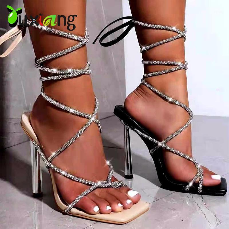 

High Heels for Women Sandals Lace up Strappy Heels Square Toe Crystal Glittery Stiletto Rhinestone Sandals Summer Shoes1, Black