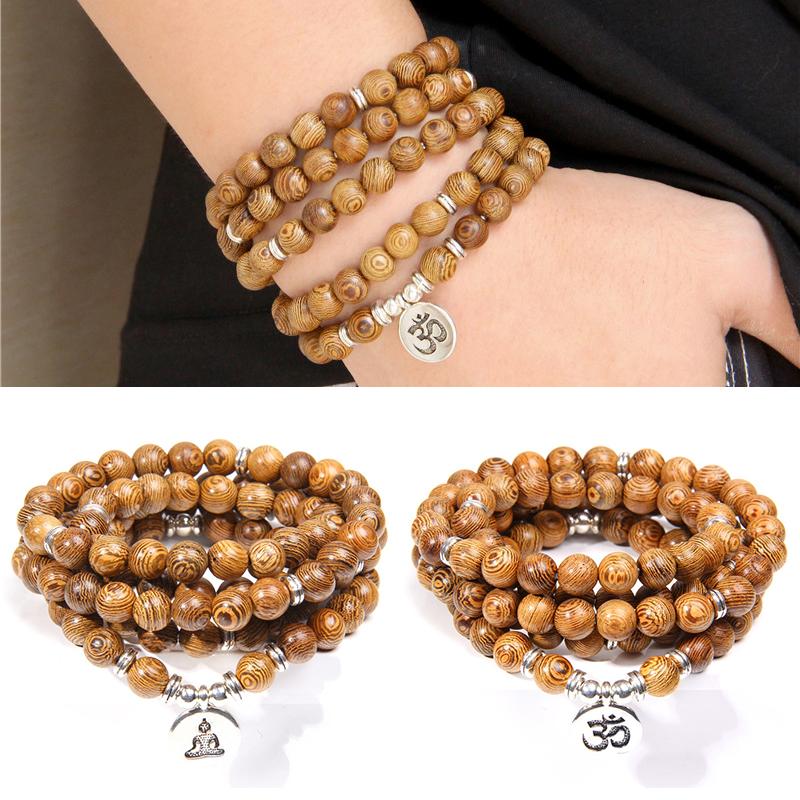 

Wood Beads OM Lotus Bracelet Tibetan Buddhist Mala Buddha Charm Bracelet Yoga Rosary Necklace Wooden For Women Men Jewelry Gifts