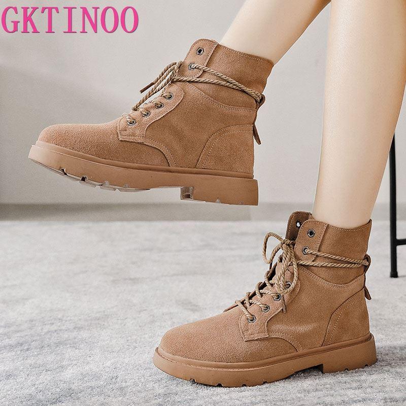 

GKTINOO Fashion Ankle Boots Women Cow Suede Lace-Up Zip Platform Genuine Leather Ladies Winter Short Boots Handmade Shoes, Black with plush