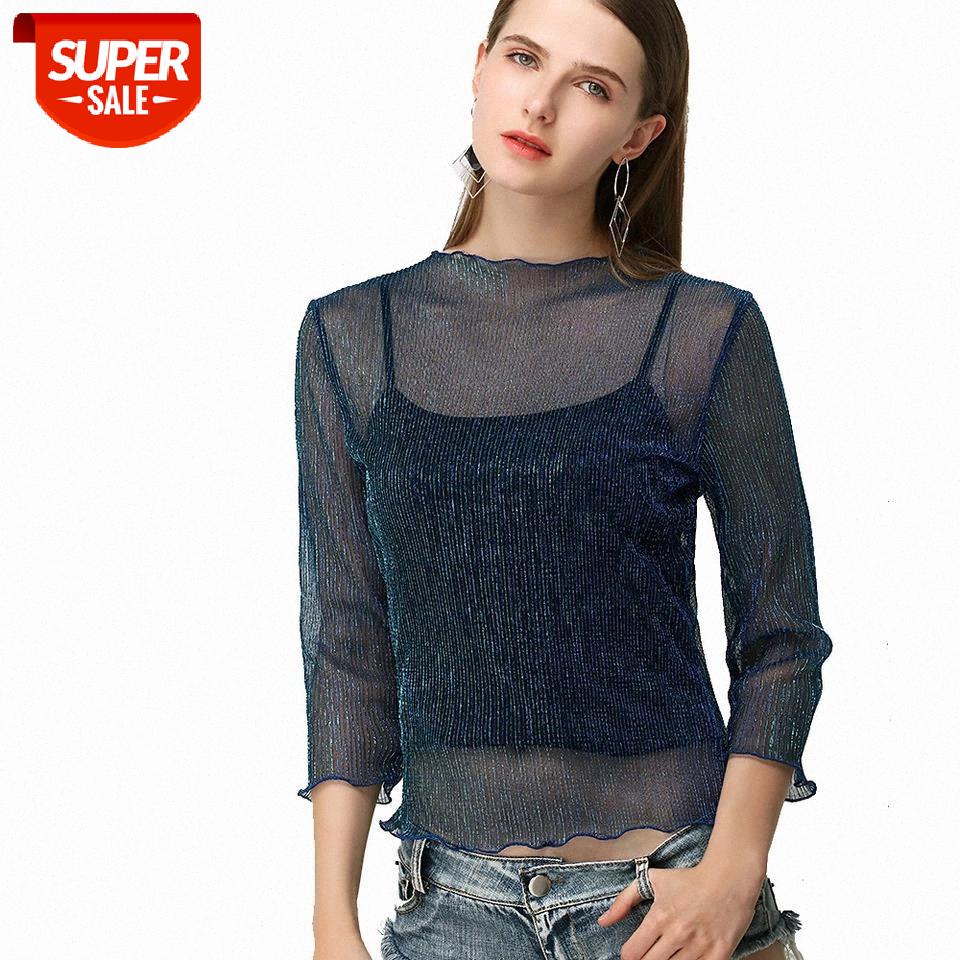 

Sexy Women T Shirt See Through Transparent Mesh Tops Long Sleeve Sheer Slim Ladies Slide Wire Silk Round Collar T-Shirt #6W9W, White