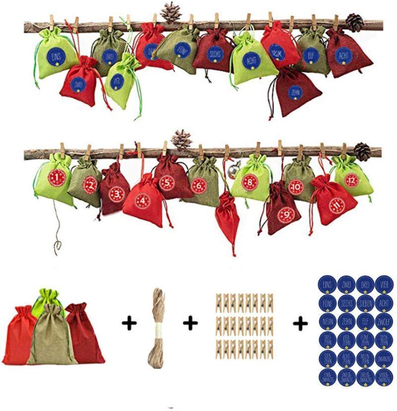 

Burlap Hanging Advent Calendars Garland Candy Gift Bags Christmas Filling Candy Bag with Number German Stickers1