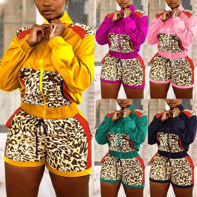 

New 2020 Women Long Sleeve Jacket + Leopard Patch Shorts Print Tops Two-Piece sports Suit Casual Suit Clothes Set ropa mujer1, Hot pink