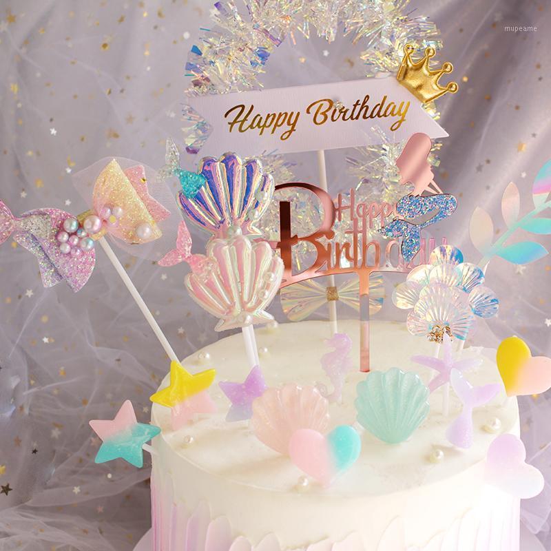 

Mermaid Glitter Cake Birthday Wedding Cake Decoration Gradient Color Leaf Love Star Shell Flag Birthday Party Baking Decoratio1