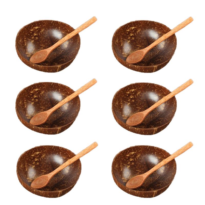

6PCS Wood Coconut Bowls with Spoon Set Wooden Bowls for Salad Fruit Bamboo Coconut Shell Bowl Kitchen Utensil Decorations