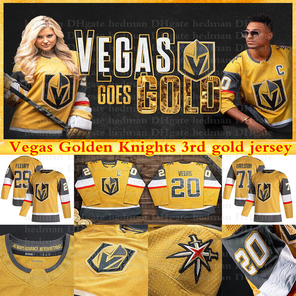 

2020 Vegas Golden Knights 3rd gold jerseys 29 Fleury 61 Mark Stone 75 Ryan Reaves 71 William Karlsson 81 Marchessault hockey jersey, Black;red