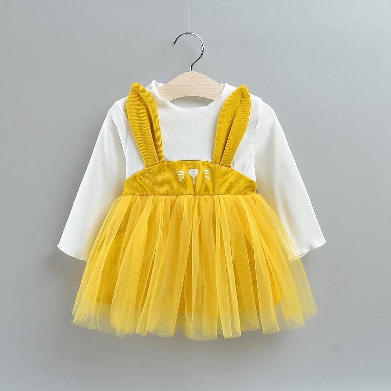 

Toddler Solid Mesh Yarn Dress Baby Girl Princess Dress Fake 2 Piece Long Sleeve Clothing