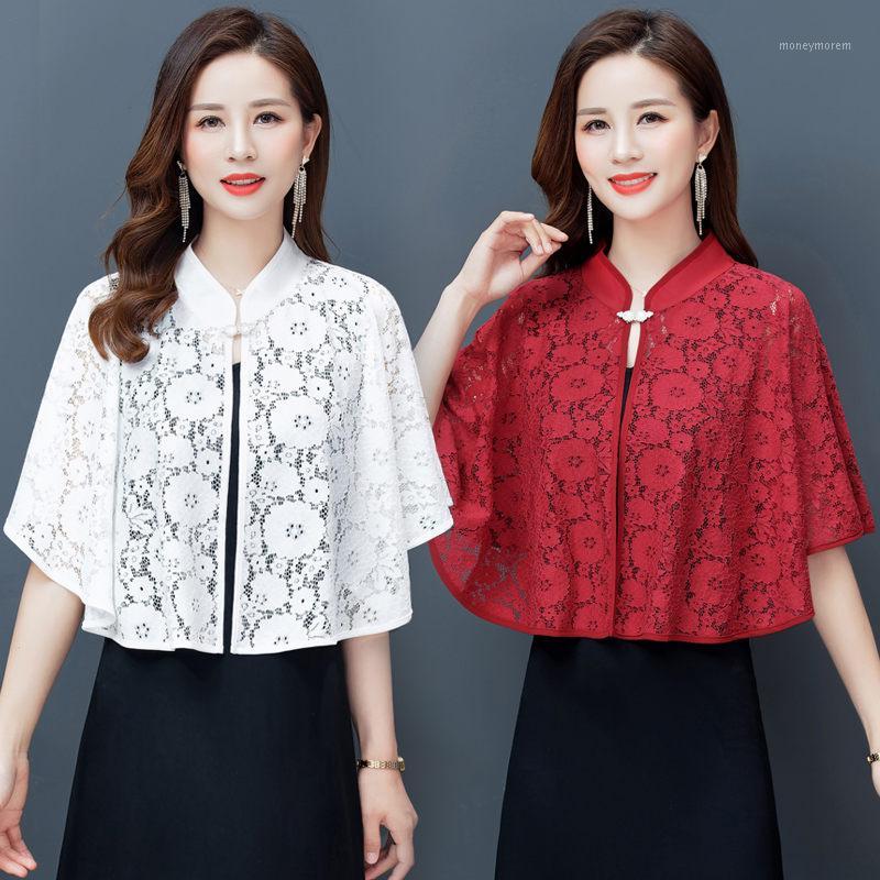 

Summer Ladies New Style Qipao Tops Lace Sunscreen Cape Loose Shawl Retro Stand Collar Short Section Outside Thin Coat K3601, Black