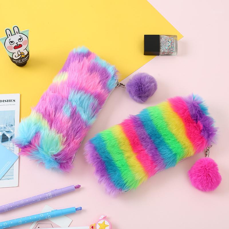 

Kawaii Rainbow Plush Pencil Case Cute Pencilcase Kids School Supplies Stationery Tools Gifts High Quality1