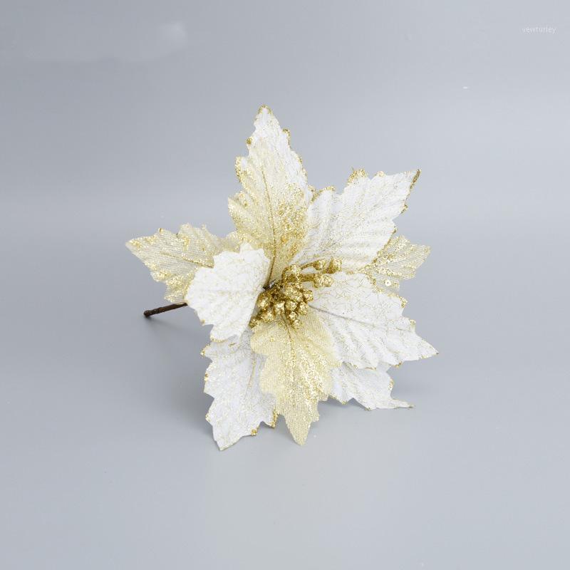 

10pcs DIY Cuttings Artificial Flannelette gauze Flower Gilding Glitter Poinsettia Home Ornaments Festivals Christmas Tree Decor1