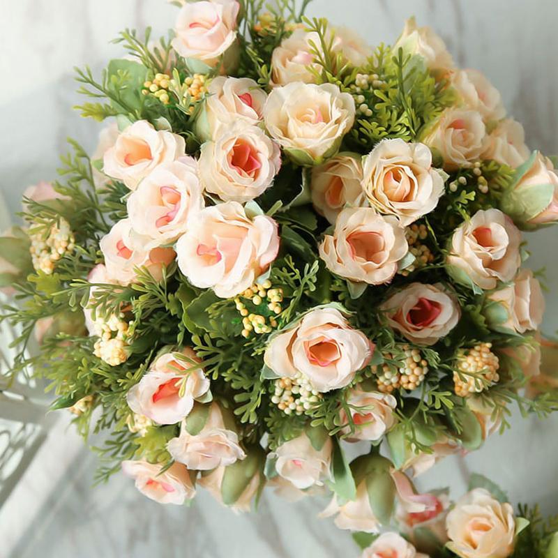 

Small bud silk roses simulation flowers Artificial flowers 13 heads/bouquet Green leaves Home vase decora for Wedding Decoration, Setting sun