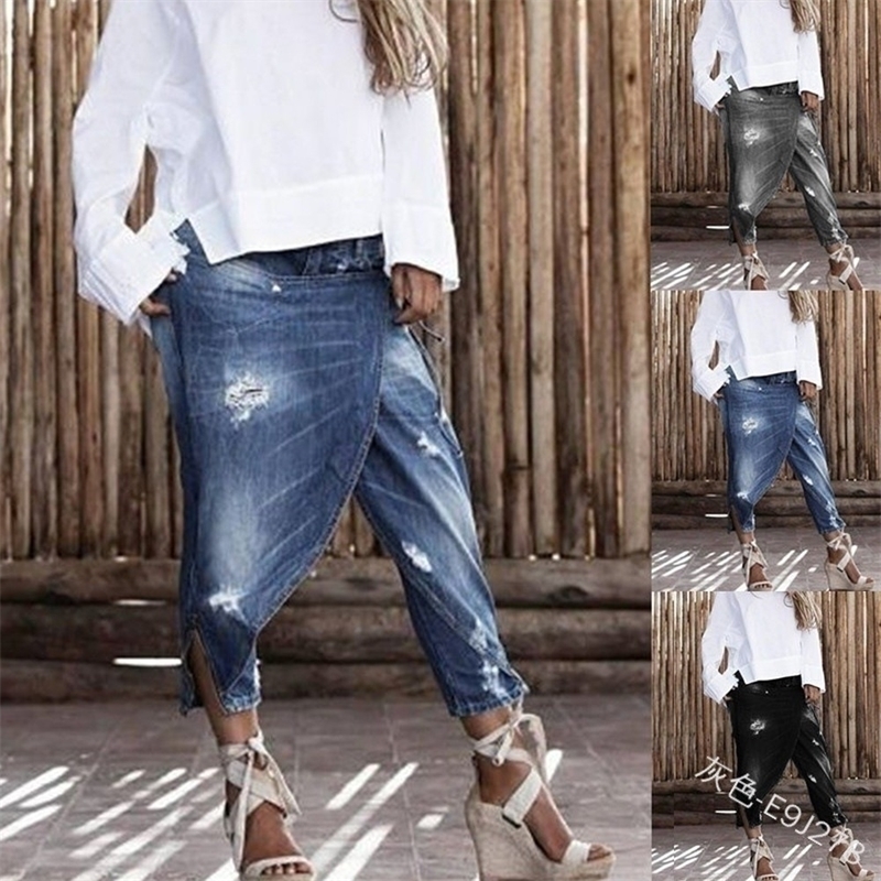 

Lugentolo Plus Size Jeans Woman 2021 Summer New Fashion Irregular Patchwork Stitching Loose Low Waist Washed Ankle-length Pants, Blue