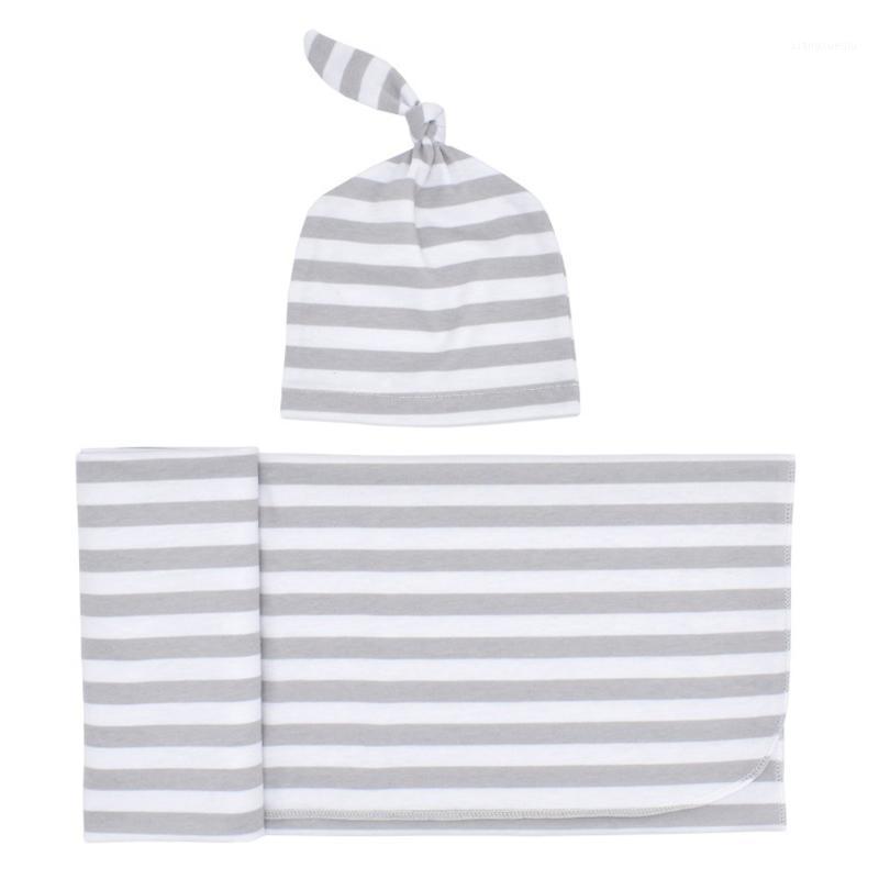 

2pcs Infant Fashion Striped Baby Clothes Set Beanie Bathing Wrapping Newborn Sleeping Home Soft Swaddle Blanket Cute Bedding1, Grey