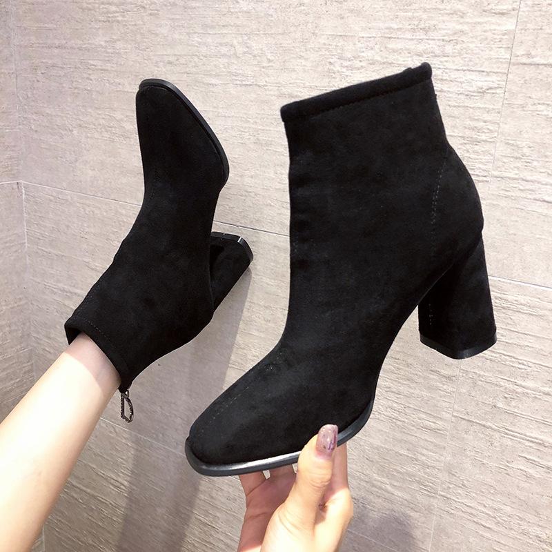 

2020 suede back zipper square head boots women's medium heel short boots high heel thick British style overshoes, Black