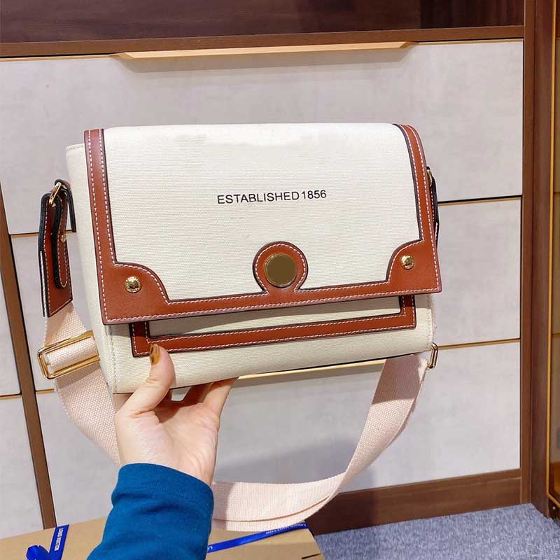 

High Single Shoulder Messenger Bag Cowhide Crossbody Handbag Linen Fabric Bags Lady Flap Purse White Canvas