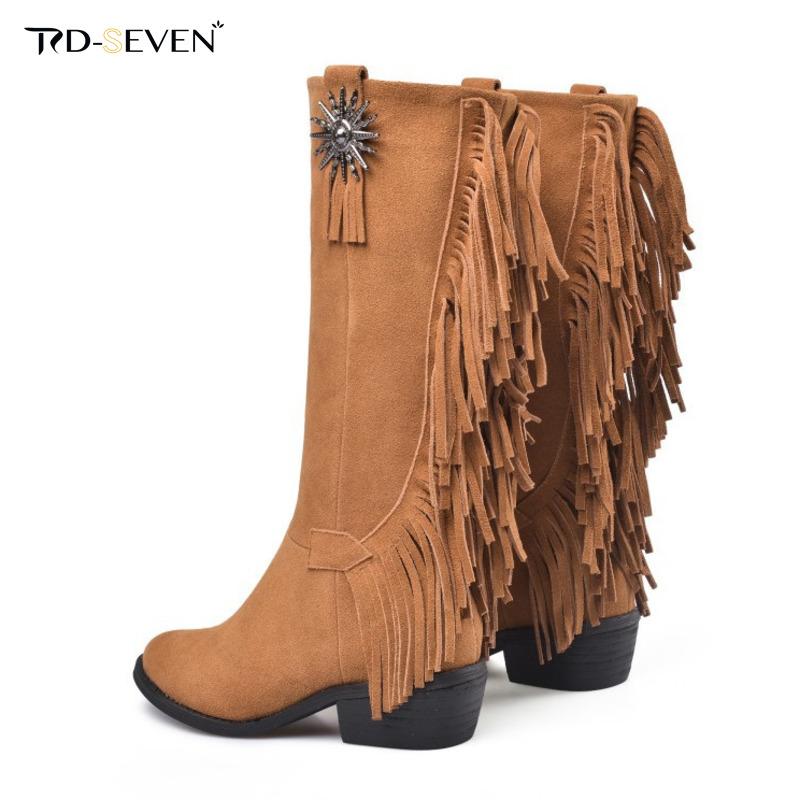 

Large Size 34-43 Autumn And Winter Tassel Ankle Boots Sweet And Cute Fashion Knee High Boots Cowboy Women's Shoes, Black