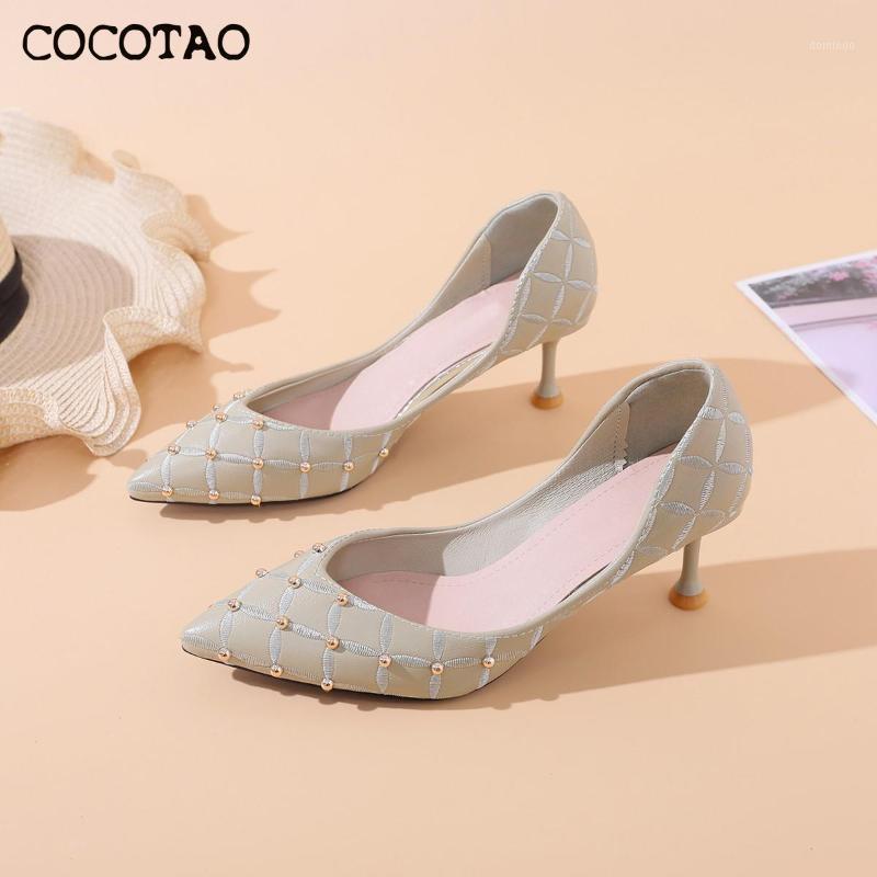 

New Shallow Mouth High Heel Shoes Female Rivet Tide Shoes Elegant Single Fairy Style Pointed Side Hollow Stiletto1, Beige
